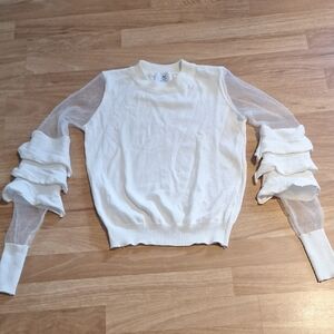 Elegant White Sweater with Sheer Sleeves, Pullover, Fitted